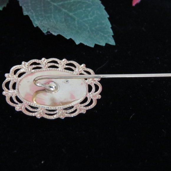Vintage Gold Toned Petite Point Stick Pin Brooch, Embroidered Roses, Set of 2 - Picture 6 of 7